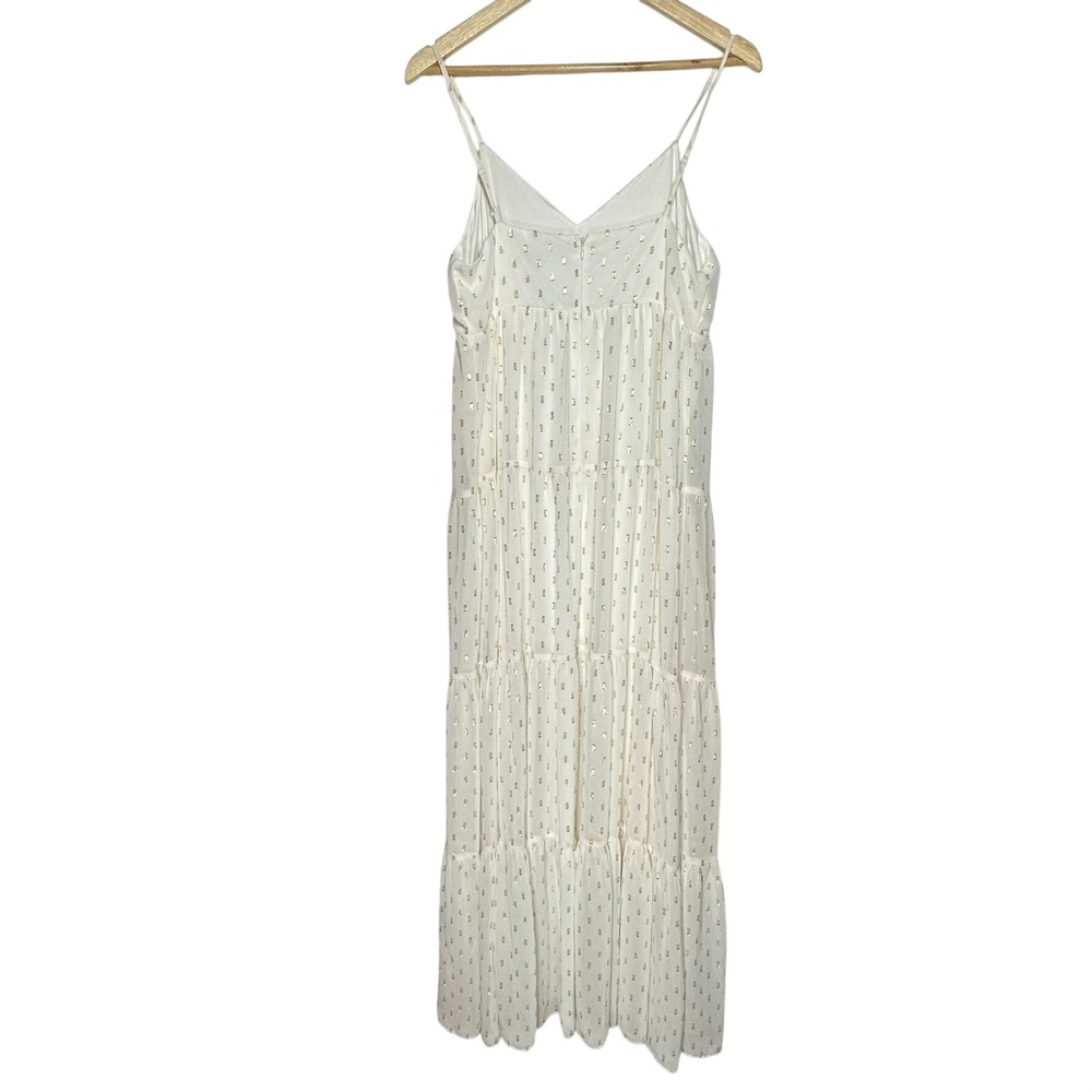 Express Tiered Maxi Dress Womens White Gold Metallic Foil‎ Clip Dot Boho Medium - Picture 6 of 14